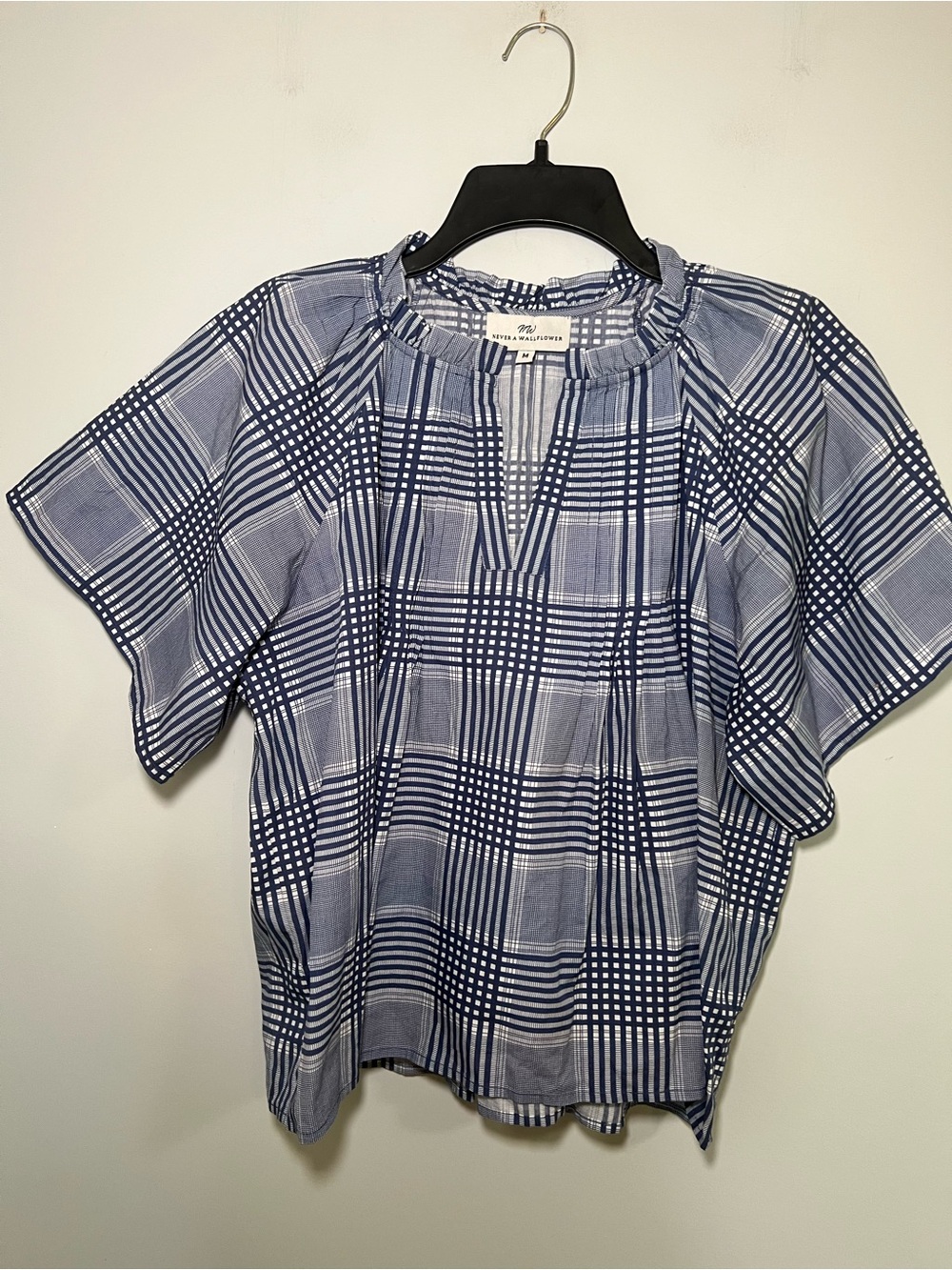 Never a Wallflower Blue Plaid Peasant Top Size M